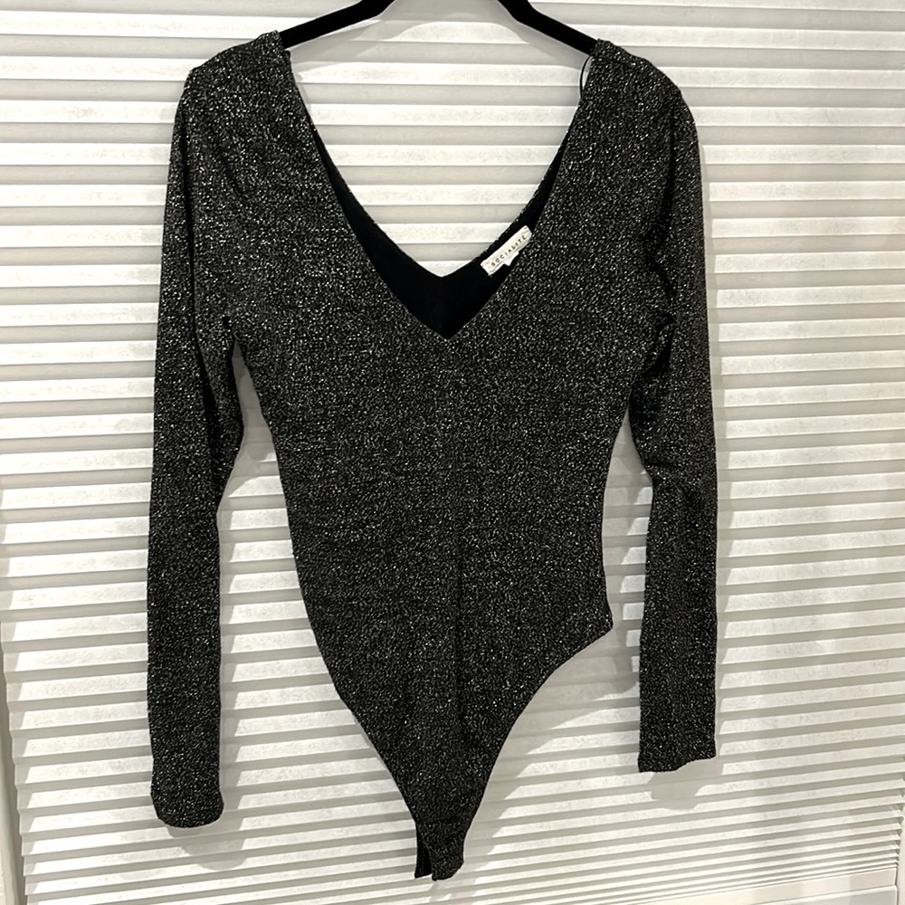 Long sleeve,  black and silver, deep v-neck body suit by Socialite